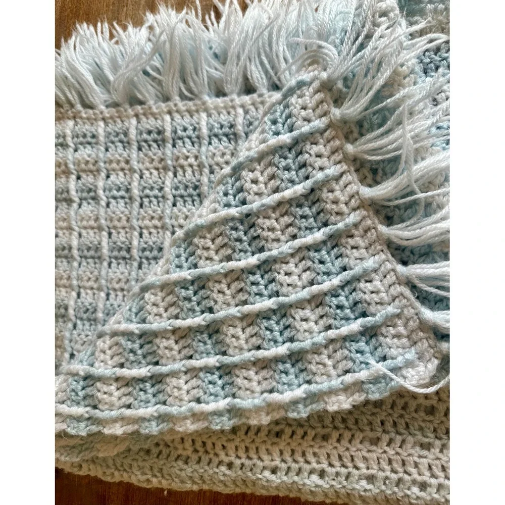 Handmade Crochet Baby Blanket Light Blue White Waffle Stitch Fringe Afghan 40x54